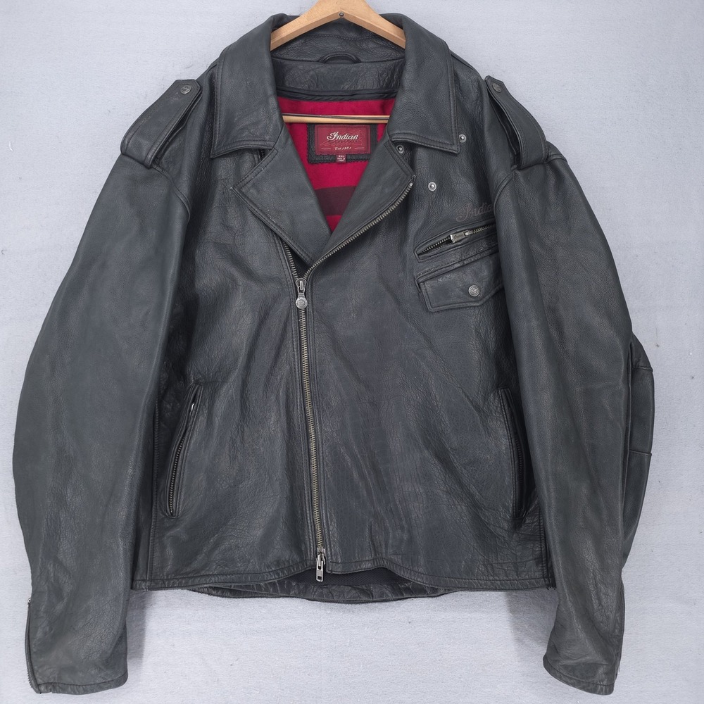 Indian Motorcycle Jacket Mens 3XL Black Leather Heavy Liner Biker Embroidered